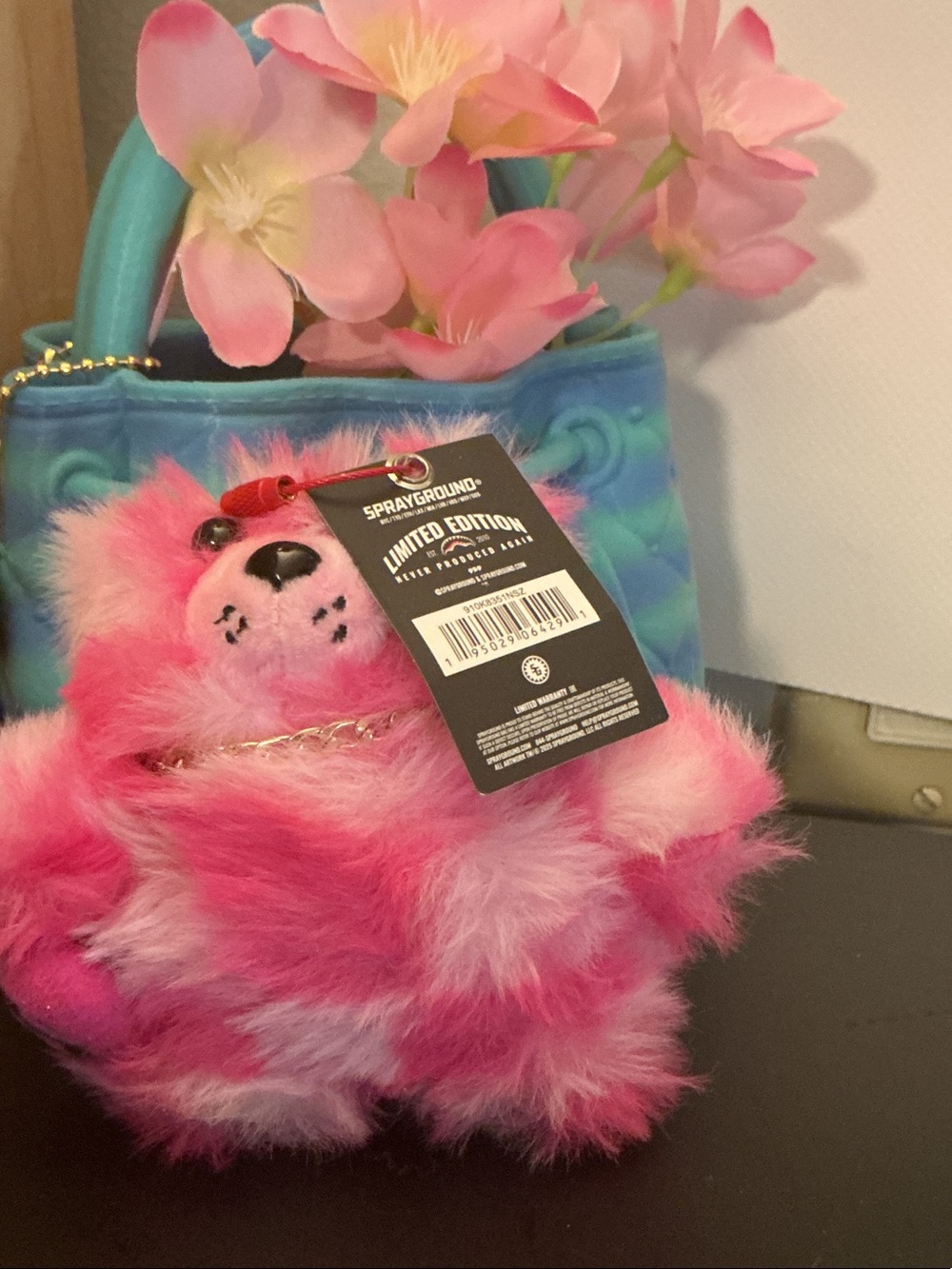 Sprayground LIMITED EDITION Pink Fuzzy Bear Bag Charm with Gold Chain